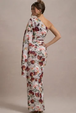 Clementina | Cream Floral Print Asymmetric Cape Sleeve Maxi Dress