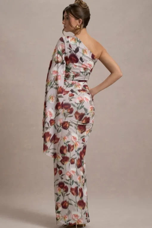 Clementina | Cream Floral Print Asymmetric Cape Sleeve Maxi Dress