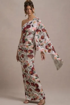 Clementina | Cream Floral Print Asymmetric Cape Sleeve Maxi Dress