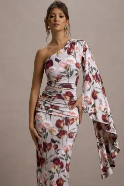Clementina | Cream Floral Print Asymmetric Cape Sleeve Maxi Dress