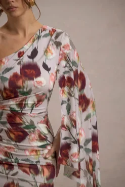 Clementina | Cream Floral Print Asymmetric Cape Sleeve Maxi Dress