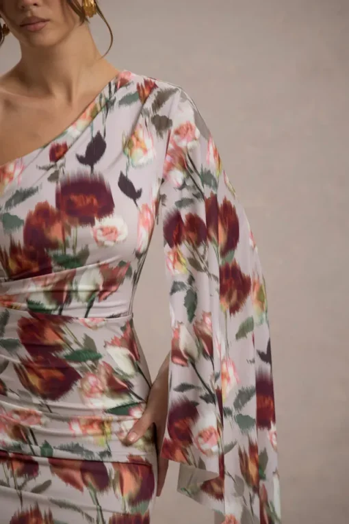 Clementina | Cream Floral Print Asymmetric Cape Sleeve Maxi Dress