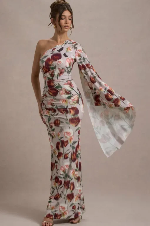 Clementina | Cream Floral Print Asymmetric Cape Sleeve Maxi Dress