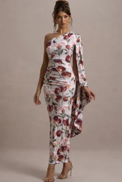 Clementina | Cream Floral Print Asymmetric Cape Sleeve Maxi Dress
