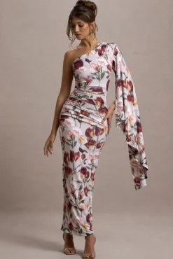 Clementina | Cream Floral Print Asymmetric Cape Sleeve Maxi Dress
