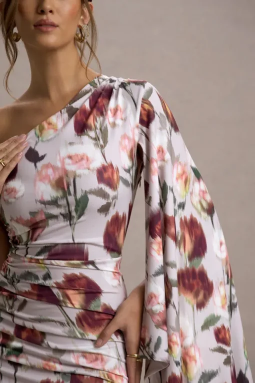 Clementina | Cream Floral Print Asymmetric Cape Sleeve Maxi Dress