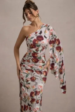 Clementina | Cream Floral Print Asymmetric Cape Sleeve Maxi Dress