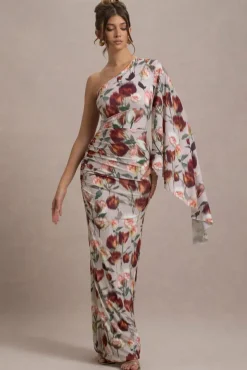 Clementina | Cream Floral Print Asymmetric Cape Sleeve Maxi Dress