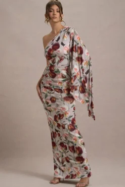 Clementina | Cream Floral Print Asymmetric Cape Sleeve Maxi Dress