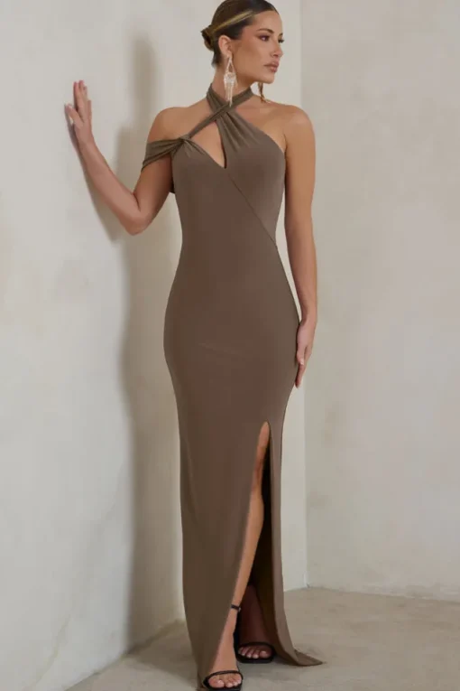 Clementine | Mocha Asymmetric Neckline Maxi Dress With Thigh Split