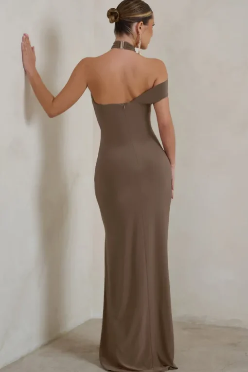 Clementine | Mocha Asymmetric Neckline Maxi Dress With Thigh Split