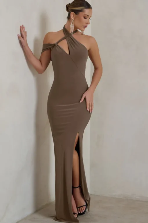Clementine | Mocha Asymmetric Neckline Maxi Dress With Thigh Split