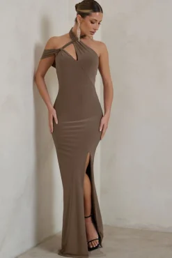 Clementine | Mocha Asymmetric Neckline Maxi Dress With Thigh Split