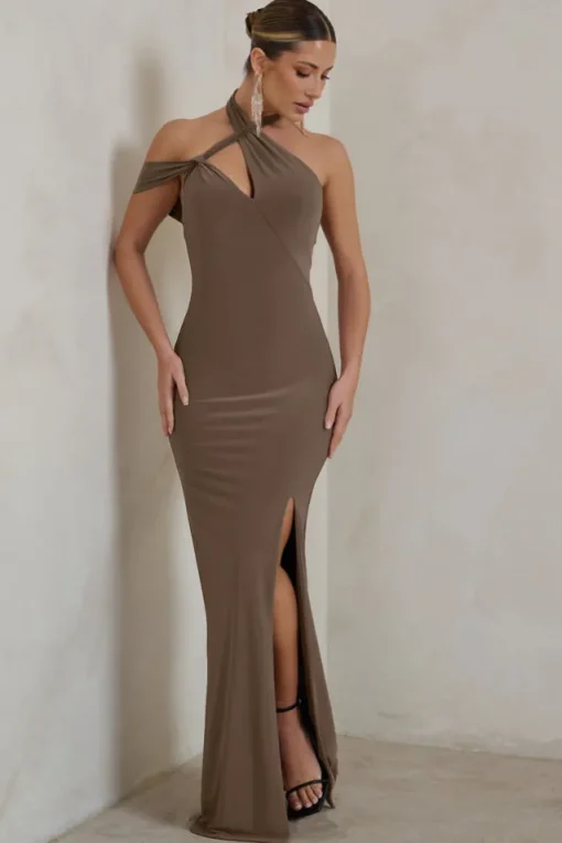 Clementine | Mocha Asymmetric Neckline Maxi Dress With Thigh Split