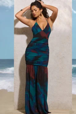 Clio | Blue Print Halter-Neck Chiffon Fishtail Maxi Dress