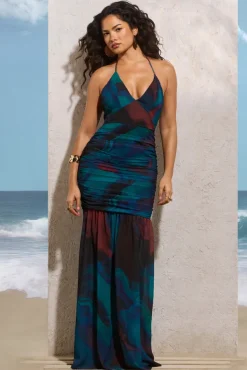 Clio | Blue Print Halter-Neck Chiffon Fishtail Maxi Dress