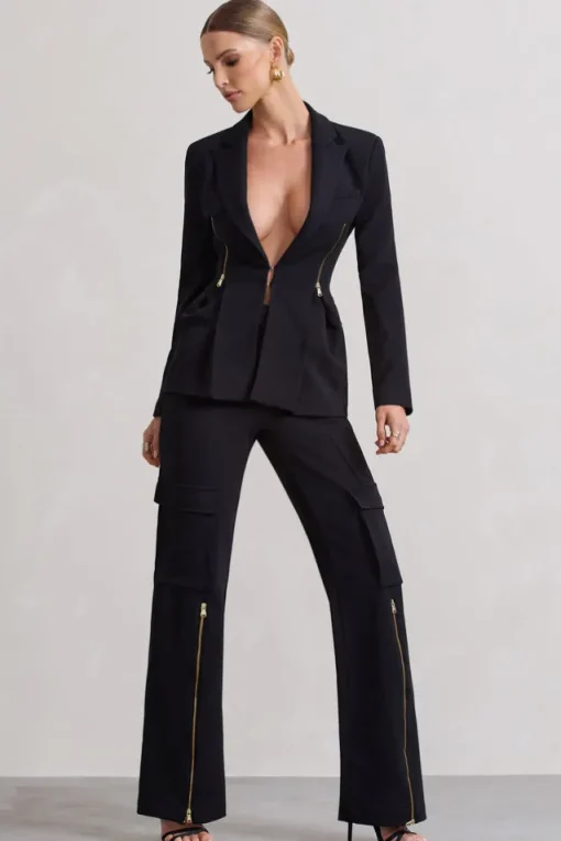 Close Up | Black Wide-Leg Cargo Trousers With Ankle Zips