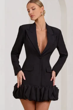 Cloud Catching | Black Tailored Blazer Mini Dress With Ruffled Hem