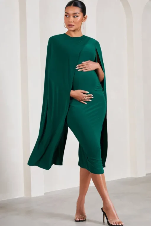 Cloud Nine | Bottle Green Maternity Midi Dress With Cape Sleeves