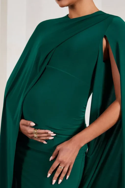 Cloud Nine | Bottle Green Maternity Midi Dress With Cape Sleeves