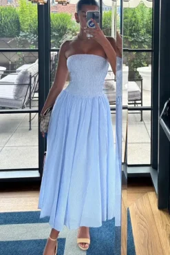 Coastal | Blue Pinstripe Bandeau Ruched Skater Midi Dress