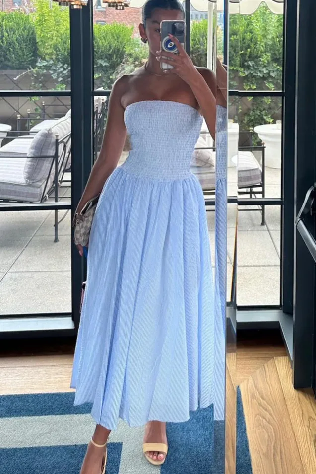 Coastal | Blue Pinstripe Bandeau Ruched Skater Midi Dress