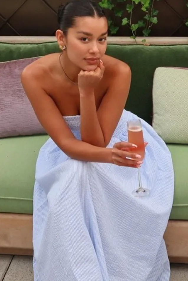 Coastal | Blue Pinstripe Bandeau Ruched Skater Midi Dress