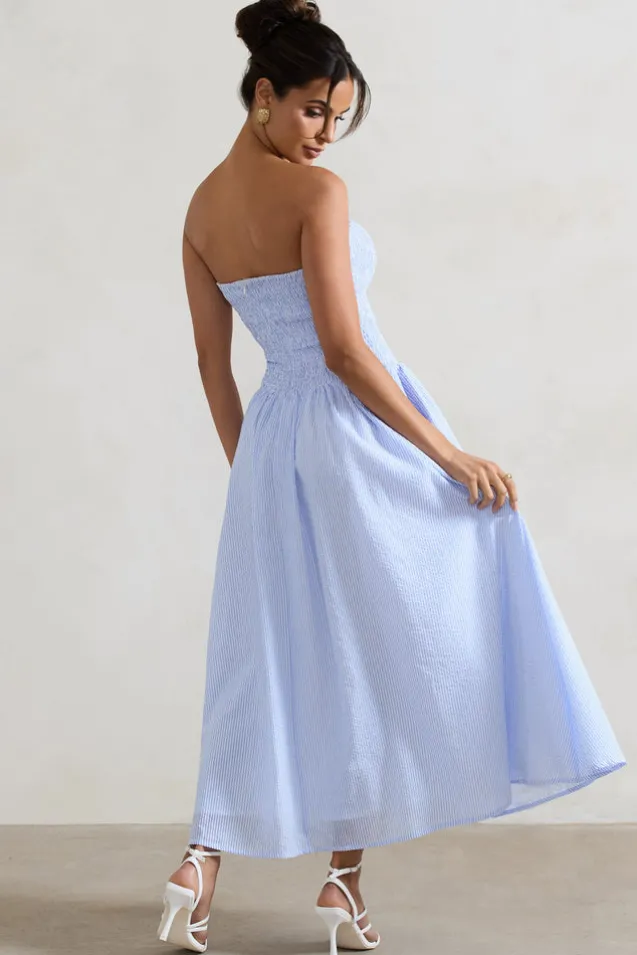 Coastal | Blue Pinstripe Bandeau Ruched Skater Midi Dress