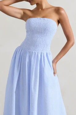 Coastal | Blue Pinstripe Bandeau Ruched Skater Midi Dress