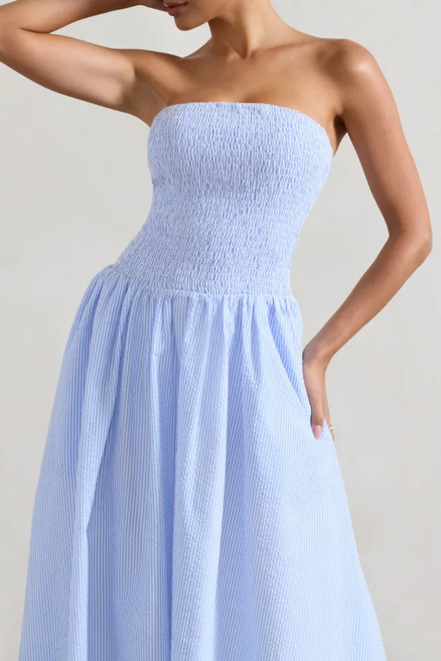 Coastal | Blue Pinstripe Bandeau Ruched Skater Midi Dress