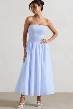 Coastal | Blue Pinstripe Bandeau Ruched Skater Midi Dress