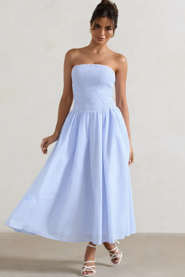 Coastal | Blue Pinstripe Bandeau Ruched Skater Midi Dress