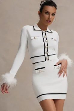 Coco Crush | Cream Knit Cropped Cardigan With Feather Cuffs