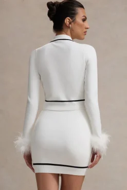 Coco Crush | Cream Knit Cropped Cardigan With Feather Cuffs