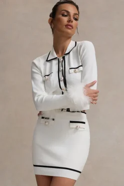 Coco Crush | Cream Knit Cropped Cardigan With Feather Cuffs