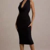 Coda | Black Ruched Plunge-Neck Midi Dress