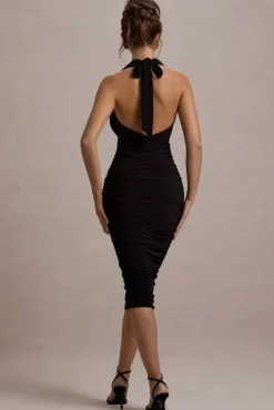 Coda | Black Ruched Plunge-Neck Midi Dress