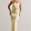 Colada | Lemon Satin Pleated Bandeau Maxi Dress
