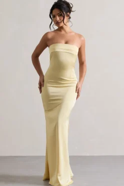 Colada | Lemon Satin Pleated Bandeau Maxi Dress