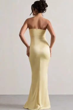 Colada | Lemon Satin Pleated Bandeau Maxi Dress