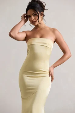 Colada | Lemon Satin Pleated Bandeau Maxi Dress