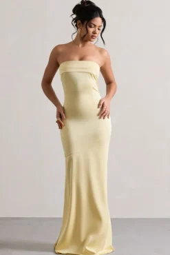Colada | Lemon Satin Pleated Bandeau Maxi Dress