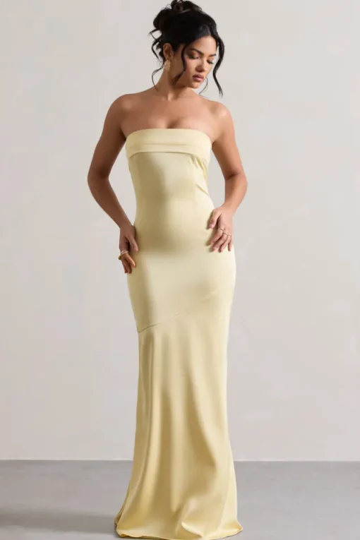 Colada | Lemon Satin Pleated Bandeau Maxi Dress