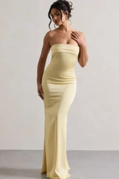 Colada | Lemon Satin Pleated Bandeau Maxi Dress