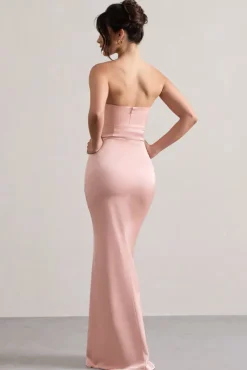 Colada | Pink Satin Pleated Bandeau Maxi Dress