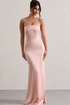 Colada | Pink Satin Pleated Bandeau Maxi Dress