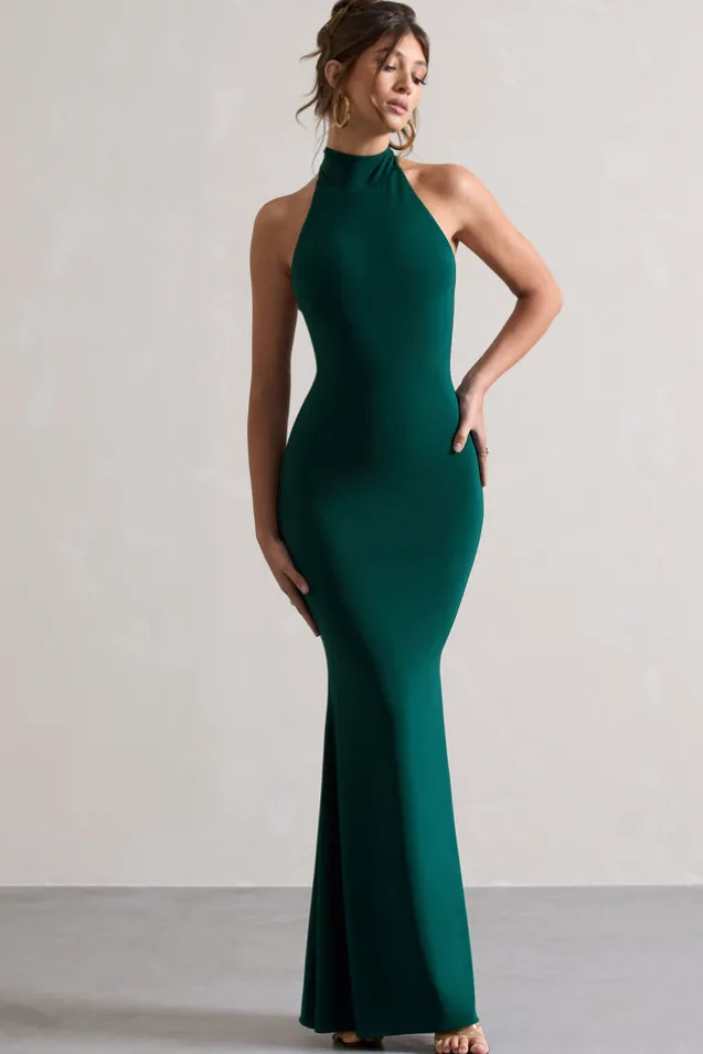 Colorado | Bottle Green High-Neck Fishtail Maxi Dress