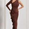 Compass | Brown One-Sleeved Cut-Out Maxi Dress With Ruffle