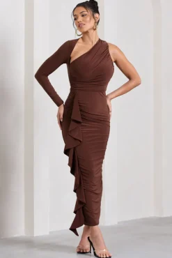Compass | Brown One-Sleeved Cut-Out Maxi Dress With Ruffle