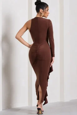 Compass | Brown One-Sleeved Cut-Out Maxi Dress With Ruffle